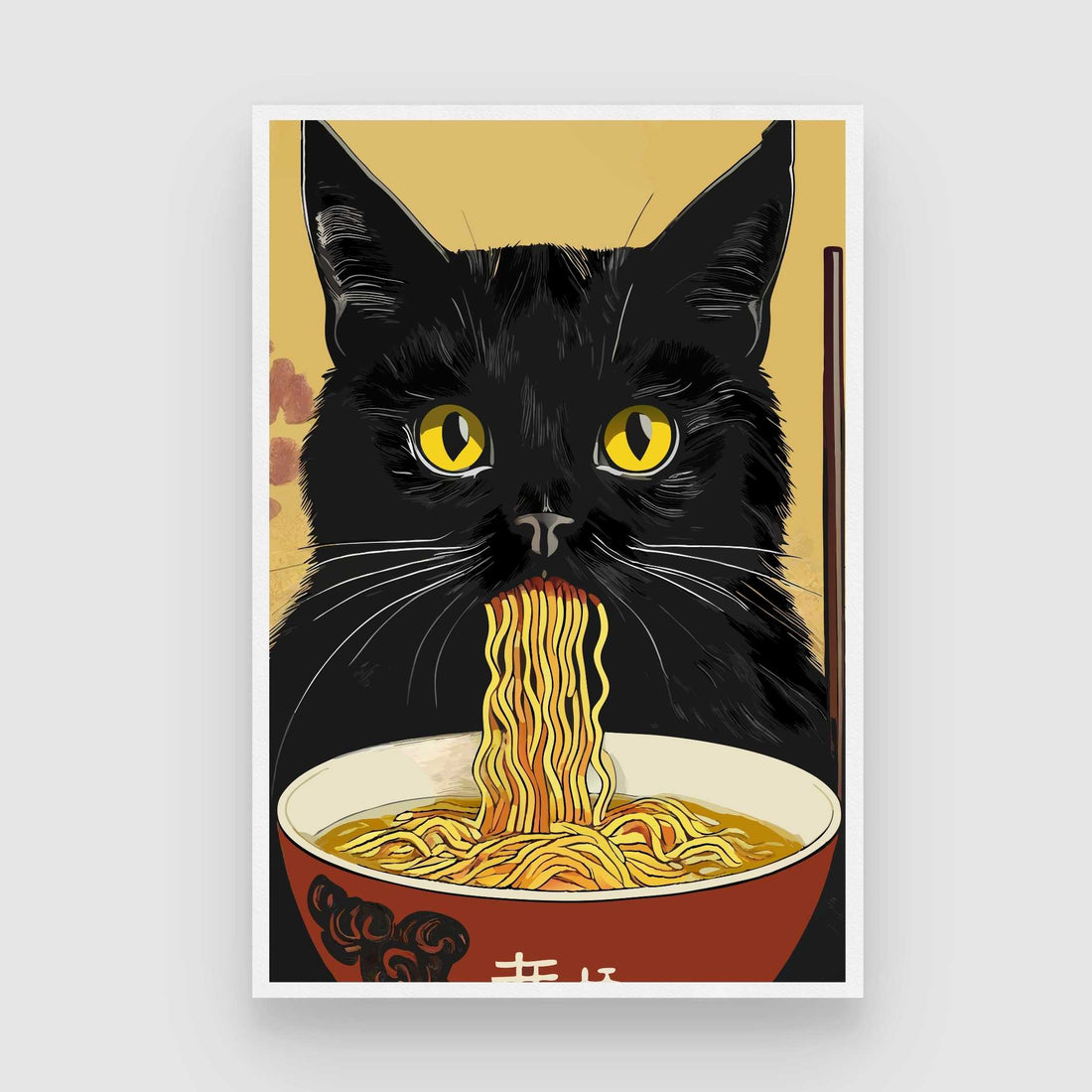 Quirky Black Cat Eating Ramen Wall Art | Japanese Pop Art Framed Print 2 : 3 Vertical Premium Wall Art Canvas by MeriDeewar