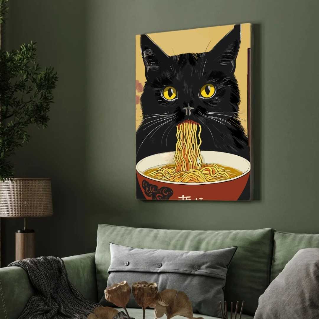 Quirky Black Cat Eating Ramen Wall Art | Japanese Pop Art Framed Print 2 : 3 Vertical Premium Wall Art Canvas by MeriDeewar