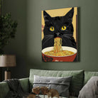 Quirky Black Cat Eating Ramen Wall Art | Japanese Pop Art Framed Print 2 : 3 Vertical Premium Wall Art Canvas by MeriDeewar