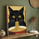 Quirky Black Cat Eating Ramen Wall Art | Japanese Pop Art Framed Print 2 : 3 Vertical Premium Wall Art Canvas by MeriDeewar
