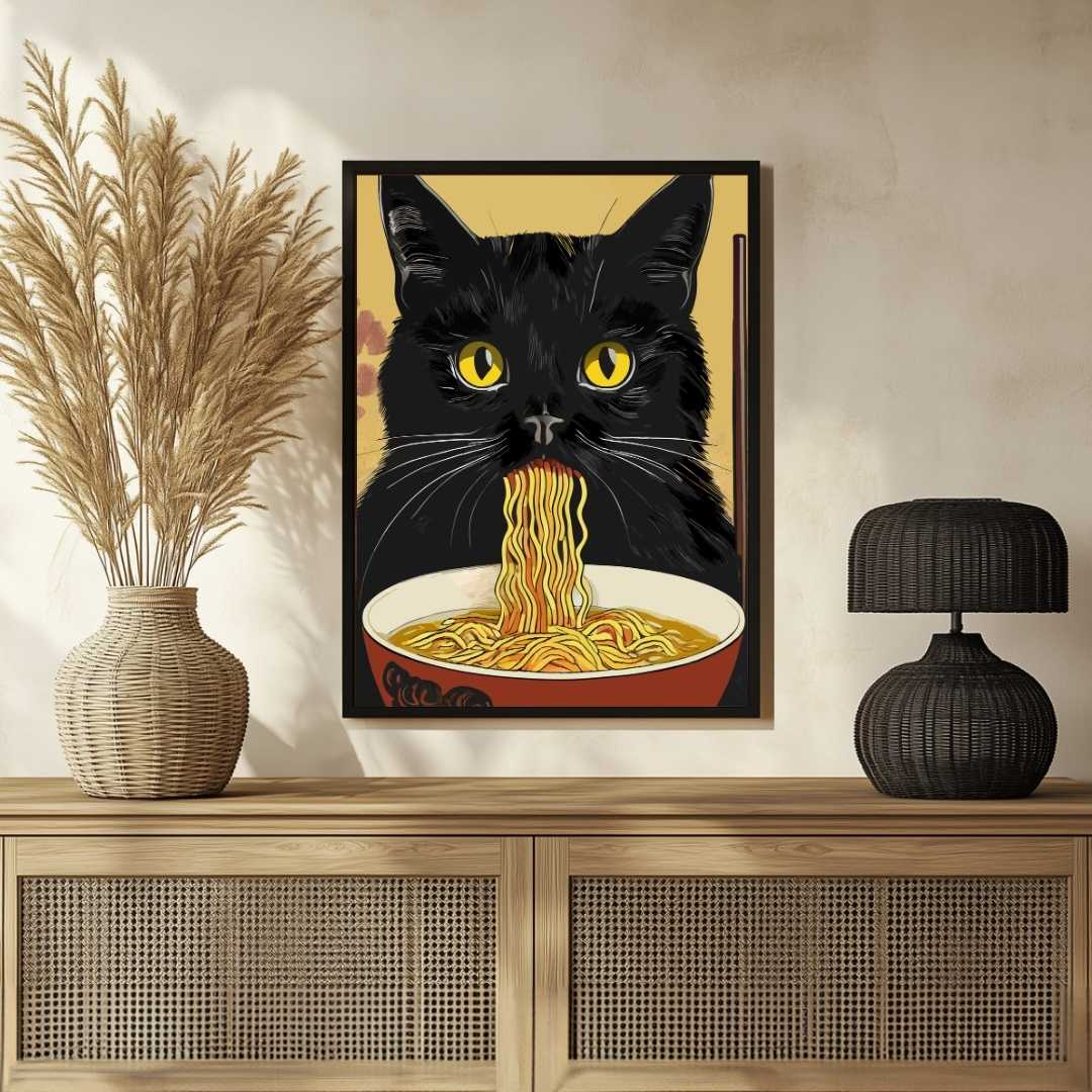 Quirky Black Cat Eating Ramen Wall Art | Japanese Pop Art Framed Print 2 : 3 Vertical Premium Wall Art Canvas by MeriDeewar