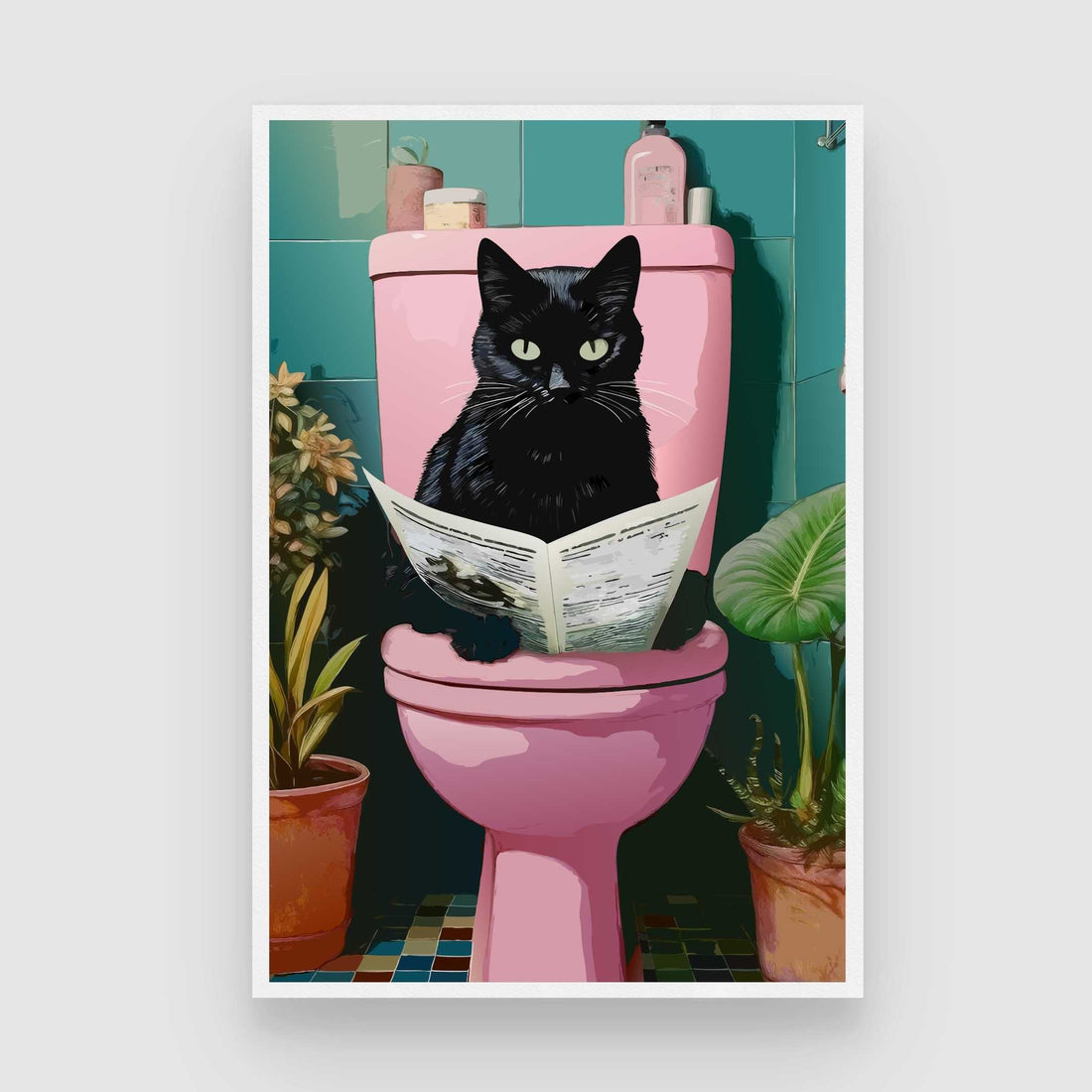 Quirky Black Cat on Pink Toilet Wall Art | Retro Bathroom Humor Framed Print 2 : 3 Vertical Premium Wall Art Canvas by MeriDeewar