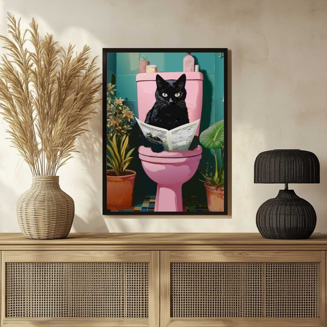 Quirky Black Cat on Pink Toilet Wall Art | Retro Bathroom Humor Framed Print 2 : 3 Vertical Premium Wall Art Canvas by MeriDeewar