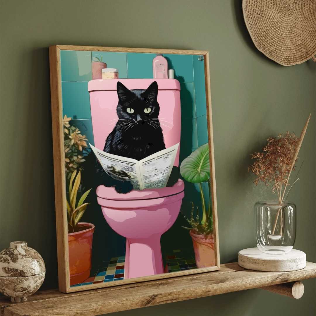 Quirky Black Cat on Pink Toilet Wall Art | Retro Bathroom Humor Framed Print 2 : 3 Vertical Premium Wall Art Canvas by MeriDeewar