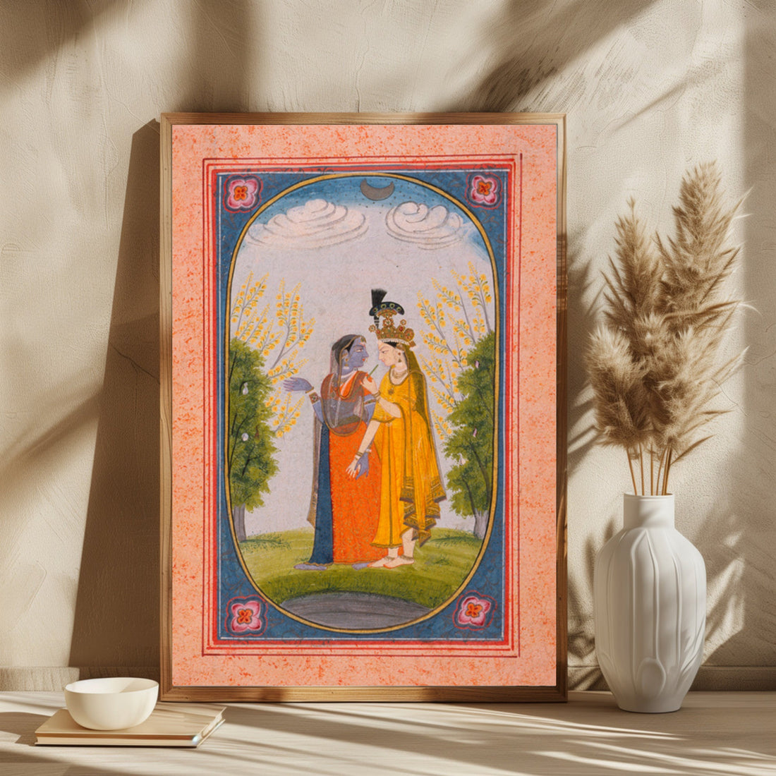 Radha and Krishna Exchange Clothes 2 : 3 Vertical Premium Wall Art Canvas by MeriDeewar