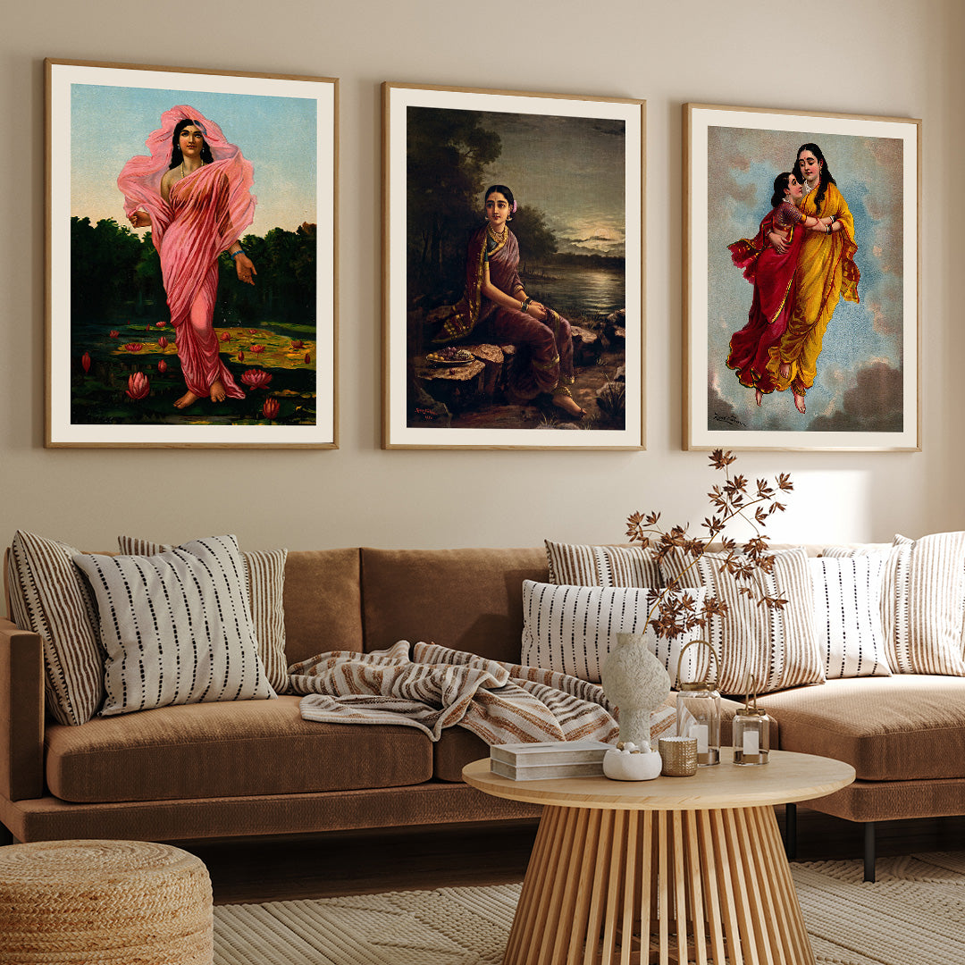 Radha in the Moonlight by Raja Ravi Varma Wall Art Set of 3 Walls Premium Wall Art Canvas by MeriDeewar