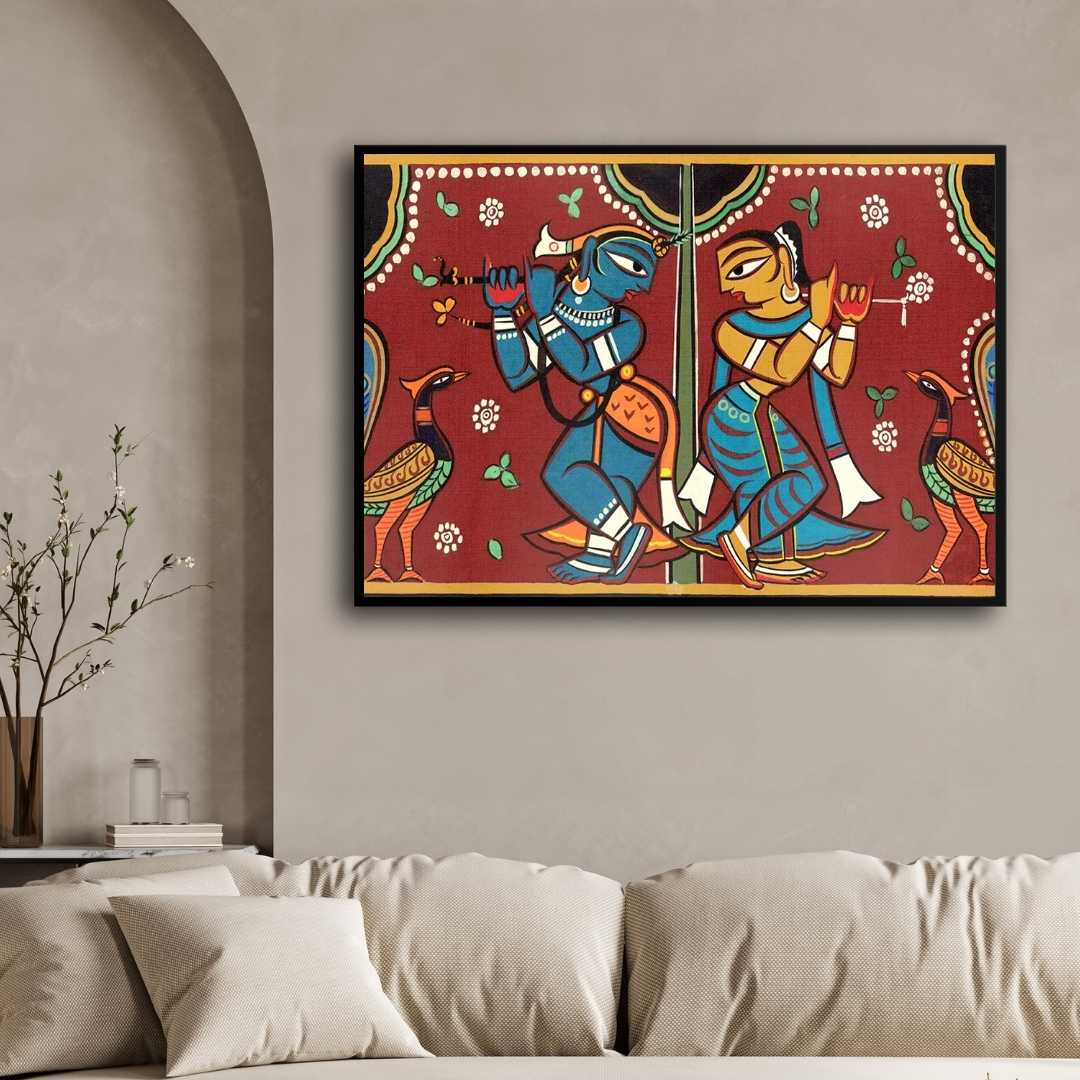Radha Krishna Painting for Living Room | Jamini Roy Folk Art | Wall Art for Home Decor 3 : 2 Horizontal Premium Wall Art Canvas by MeriDeewar