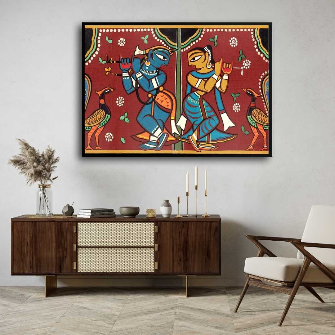 Radha Krishna Painting for Living Room | Jamini Roy Folk Art | Wall Art for Home Decor 3 : 2 Horizontal Premium Wall Art Canvas by MeriDeewar
