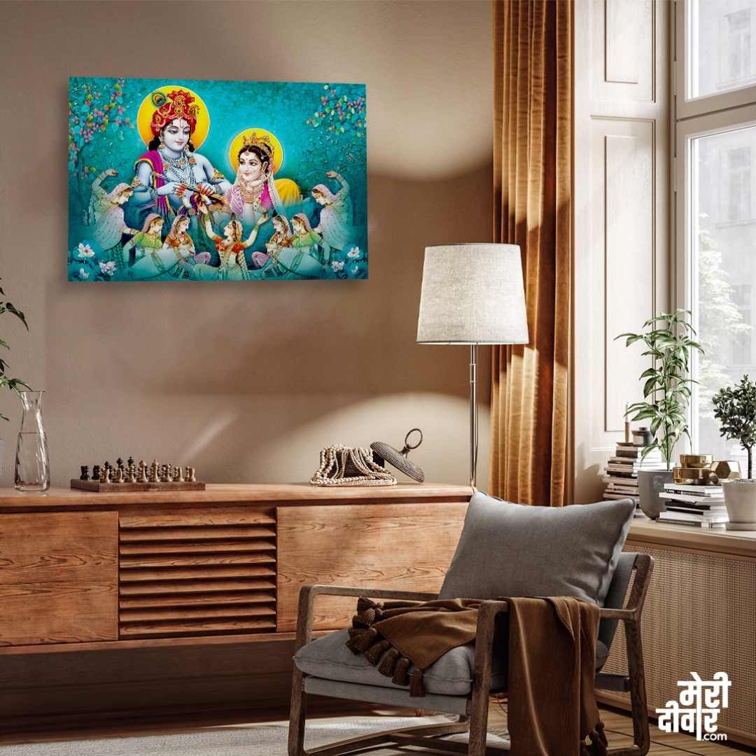 Radha Krishna Painting for Living Room | Spiritual Wall Art with Gopis | Giclée Print 3 : 2 Horizontal Premium Wall Art Canvas by MeriDeewar