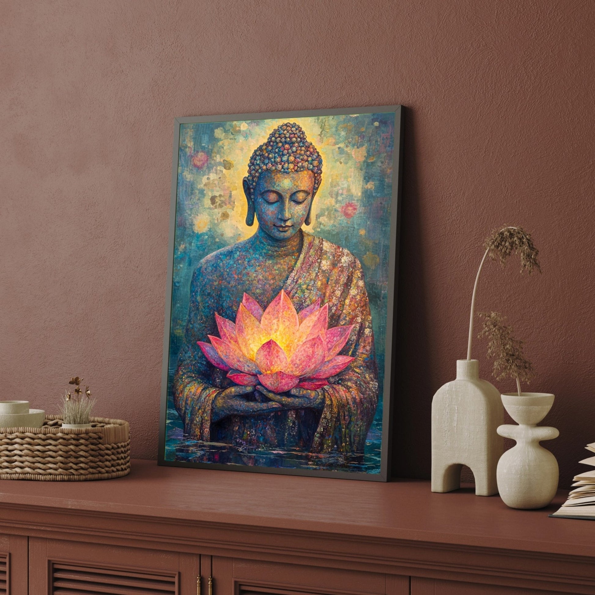 Radiant Calm – Buddha and Lotus Canvas for Home Décor 2 : 3 Vertical Premium Wall Art Canvas by MeriDeewar