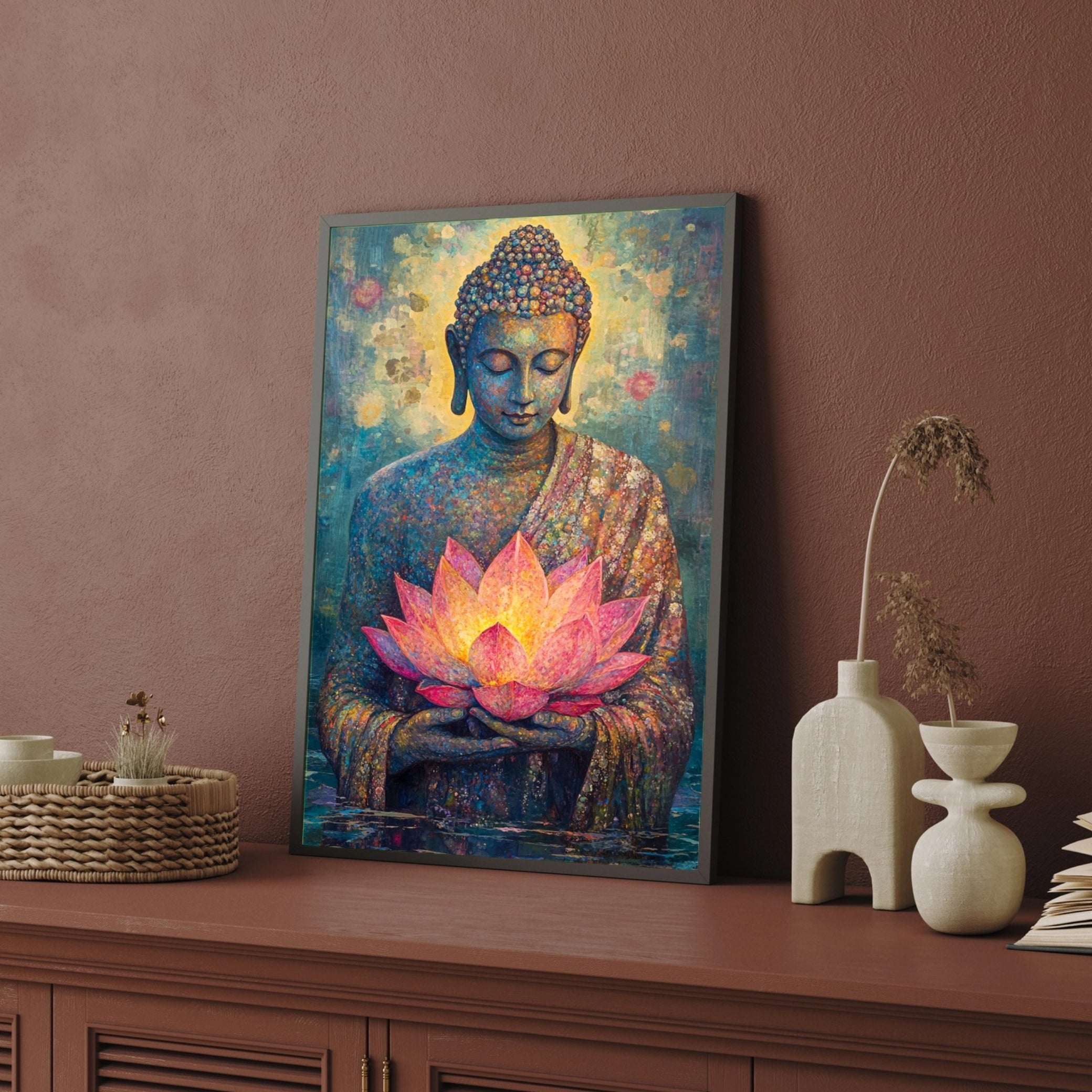 Radiant Calm – Buddha and Lotus Canvas for Home Décor 2 : 3 Vertical Premium Wall Art Canvas by MeriDeewar