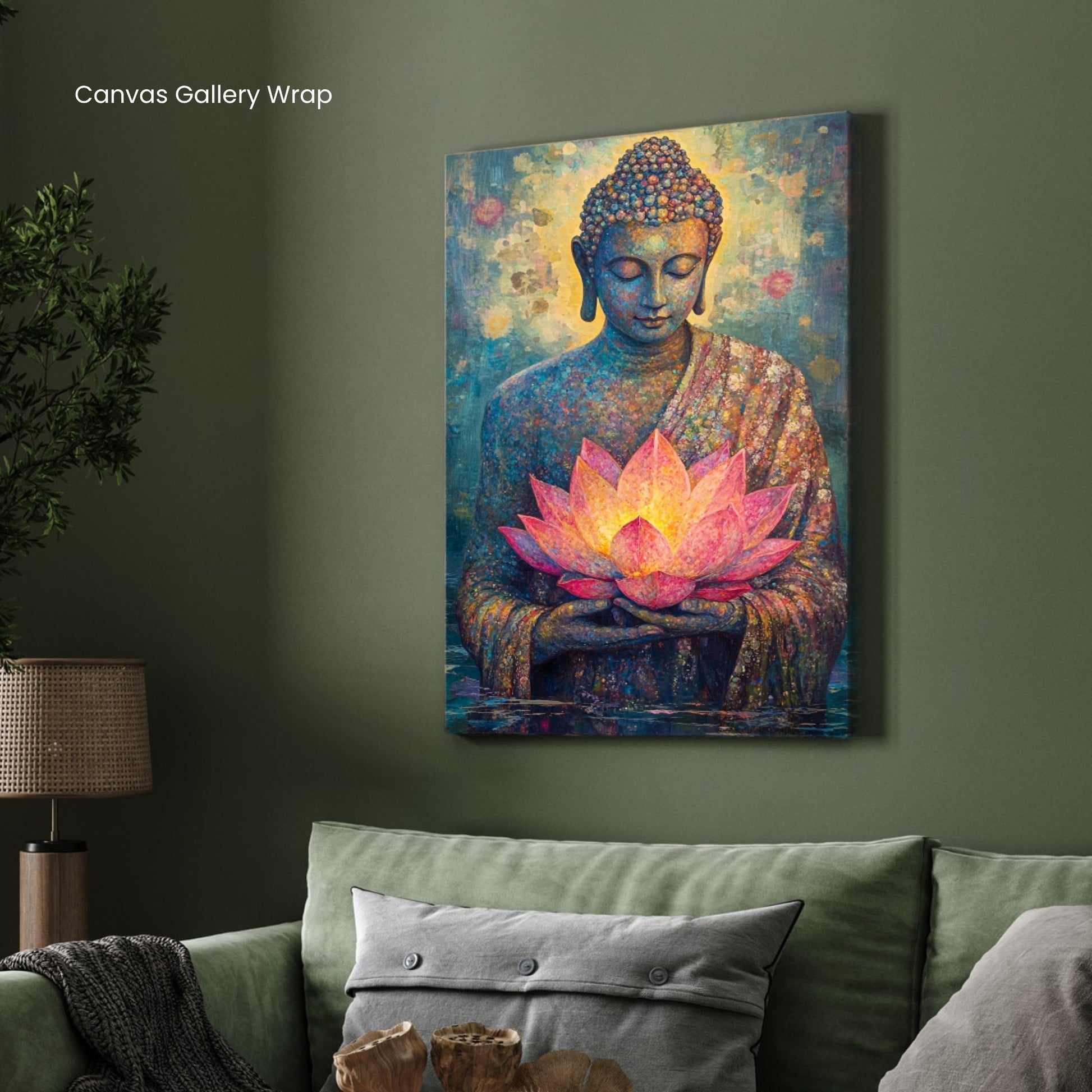 Radiant Calm – Buddha and Lotus Canvas for Home Décor 2 : 3 Vertical Premium Wall Art Canvas by MeriDeewar