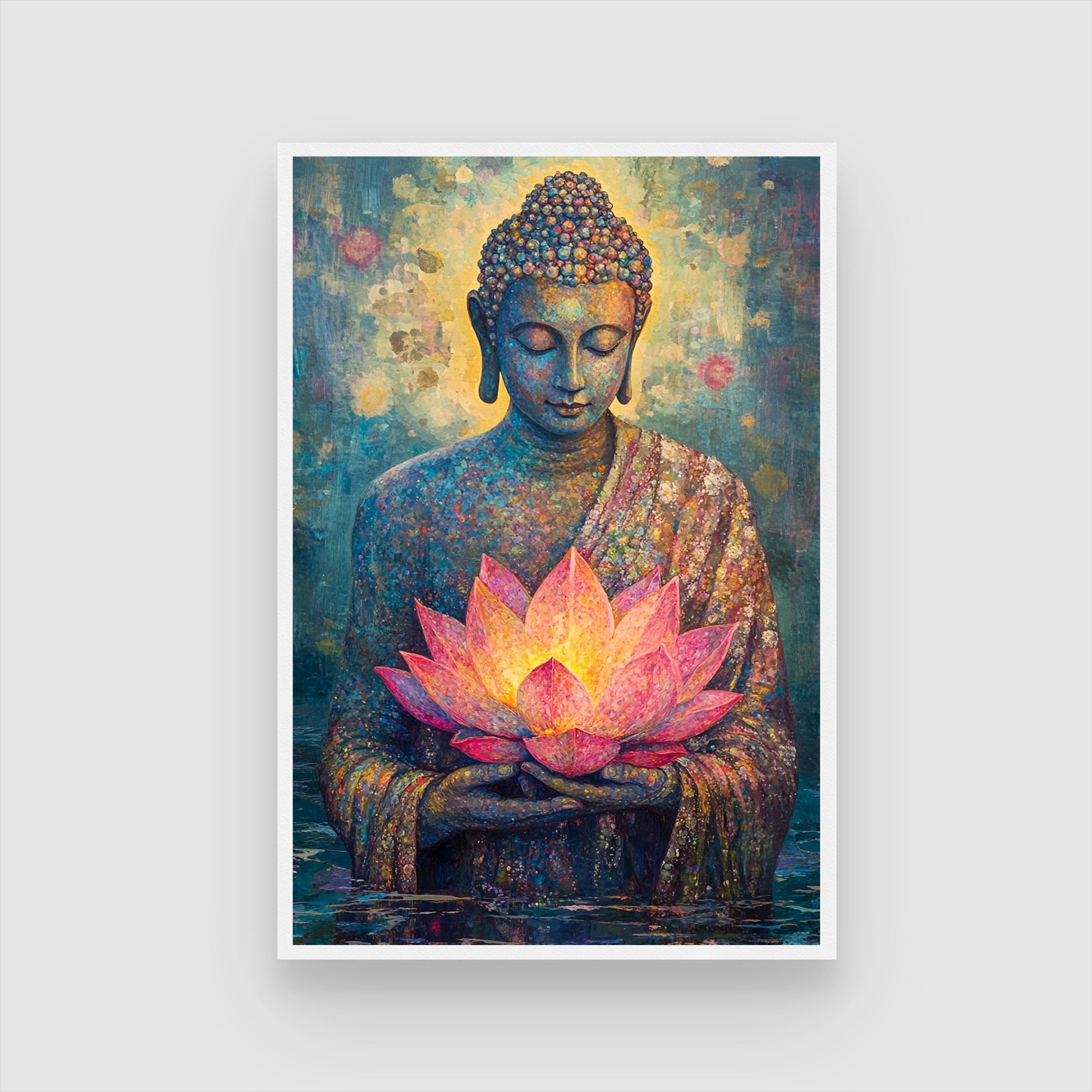 Radiant Calm – Buddha and Lotus Canvas for Home Décor 2 : 3 Vertical Premium Wall Art Canvas by MeriDeewar