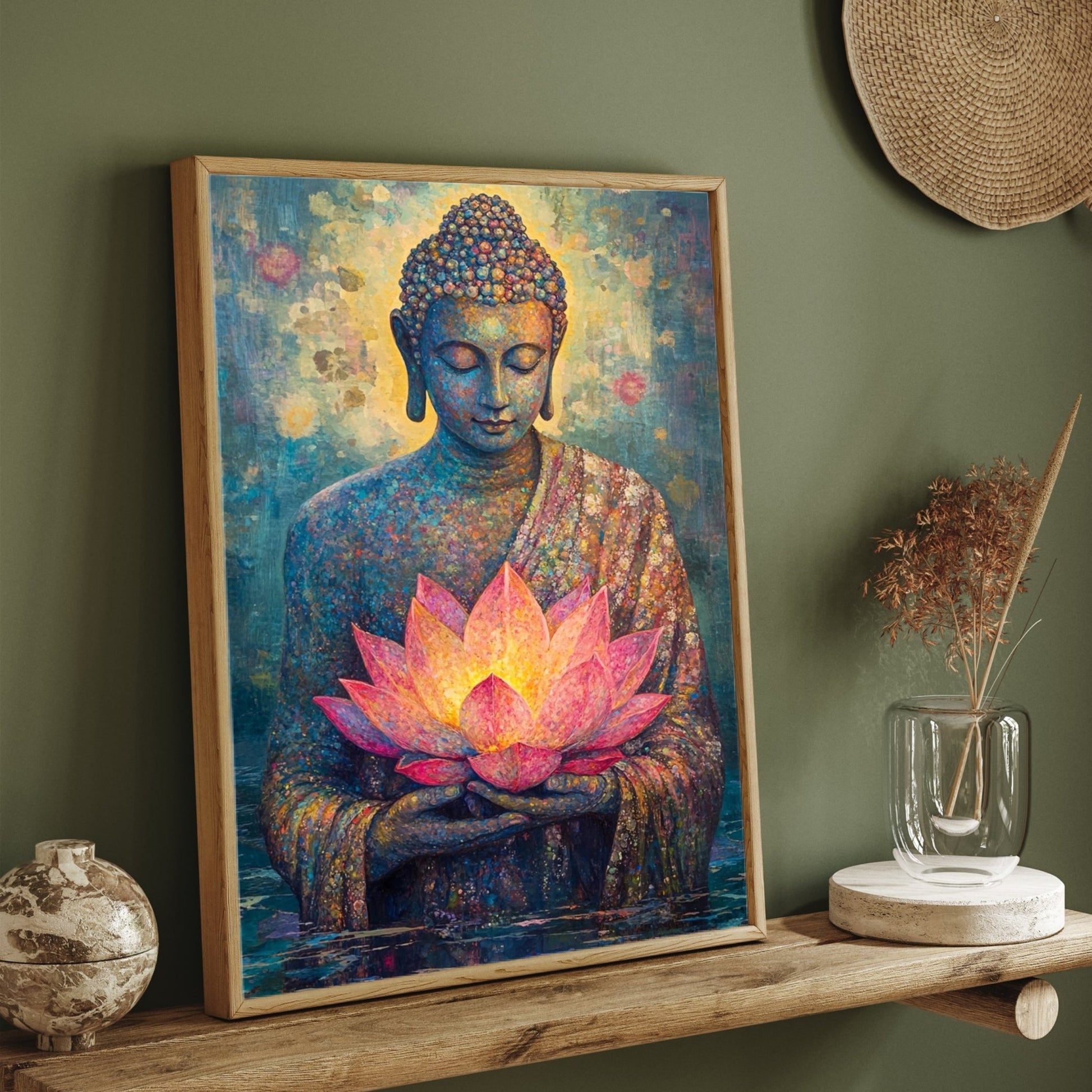 Radiant Calm – Buddha and Lotus Canvas for Home Décor 2 : 3 Vertical Premium Wall Art Canvas by MeriDeewar