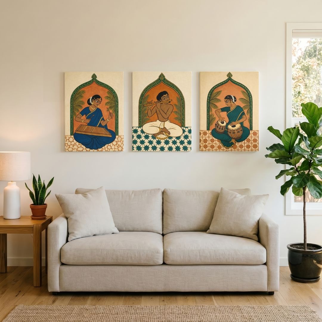 Raga | Indian Classical Musicians Set of 3 Vertical Gallery Wrap Canvas Curate Premium Wall Art Canvas by MeriDeewar