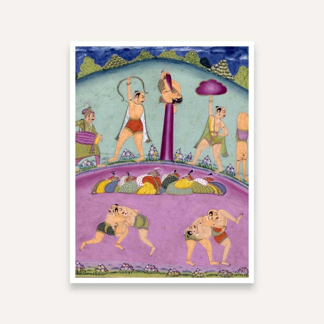 Ragini Desakh – Jaipur Ragamala Wrestling Scene Indian Miniature Art Giclée Print 4 :5 Vertical Premium Wall Art Canvas by MeriDeewar