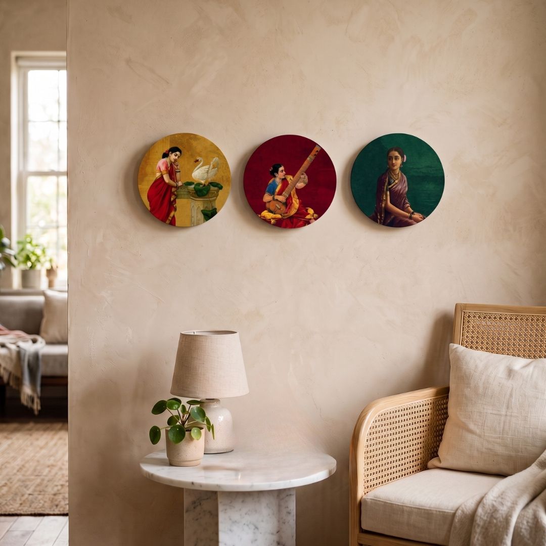 Ragini | Raja Ravi Varma Set of 3 Round Canvas Curate Premium Wall Art Canvas by MeriDeewar