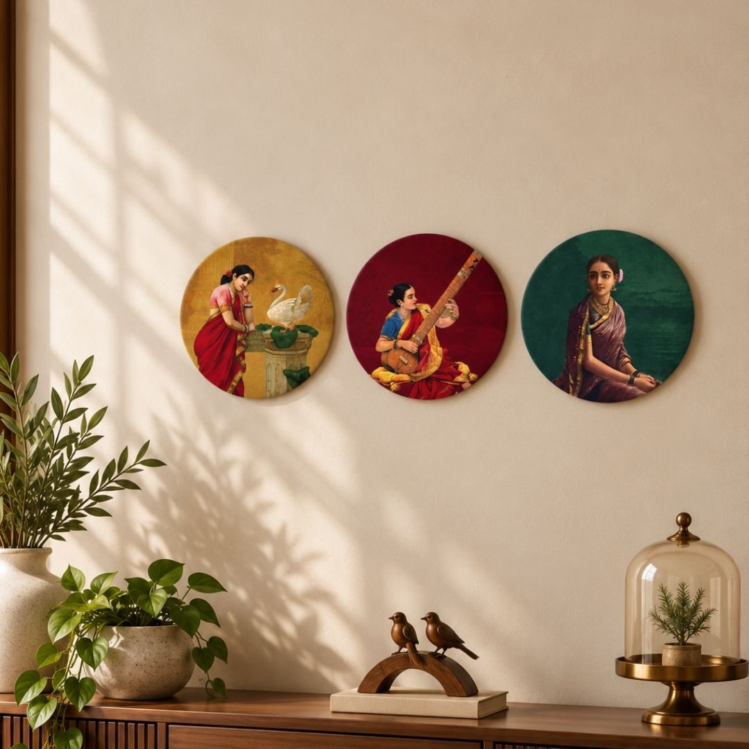 Ragini | Raja Ravi Varma Set of 3 Round Canvas Curate Premium Wall Art Canvas by MeriDeewar