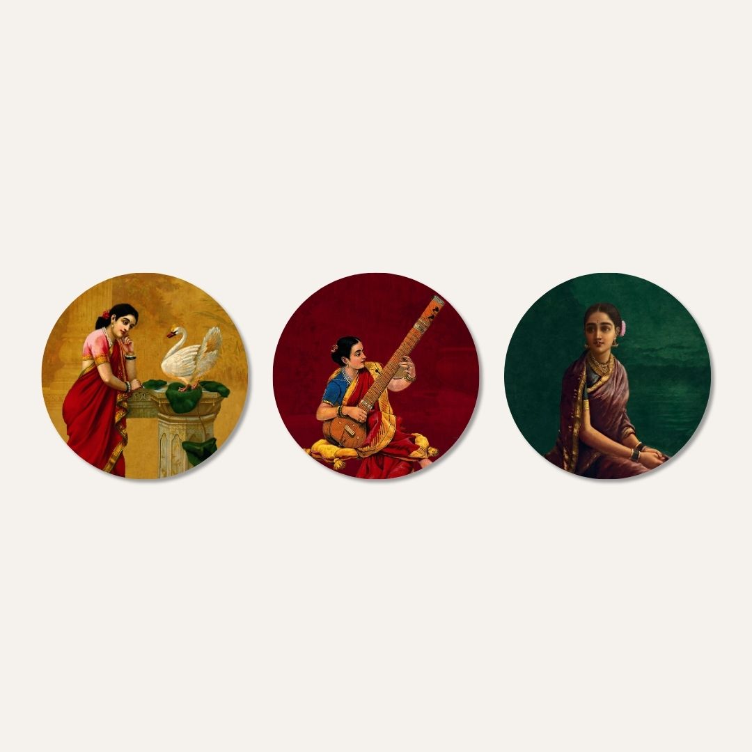 Ragini | Raja Ravi Varma Set of 3 Round Canvas Curate Premium Wall Art Canvas by MeriDeewar