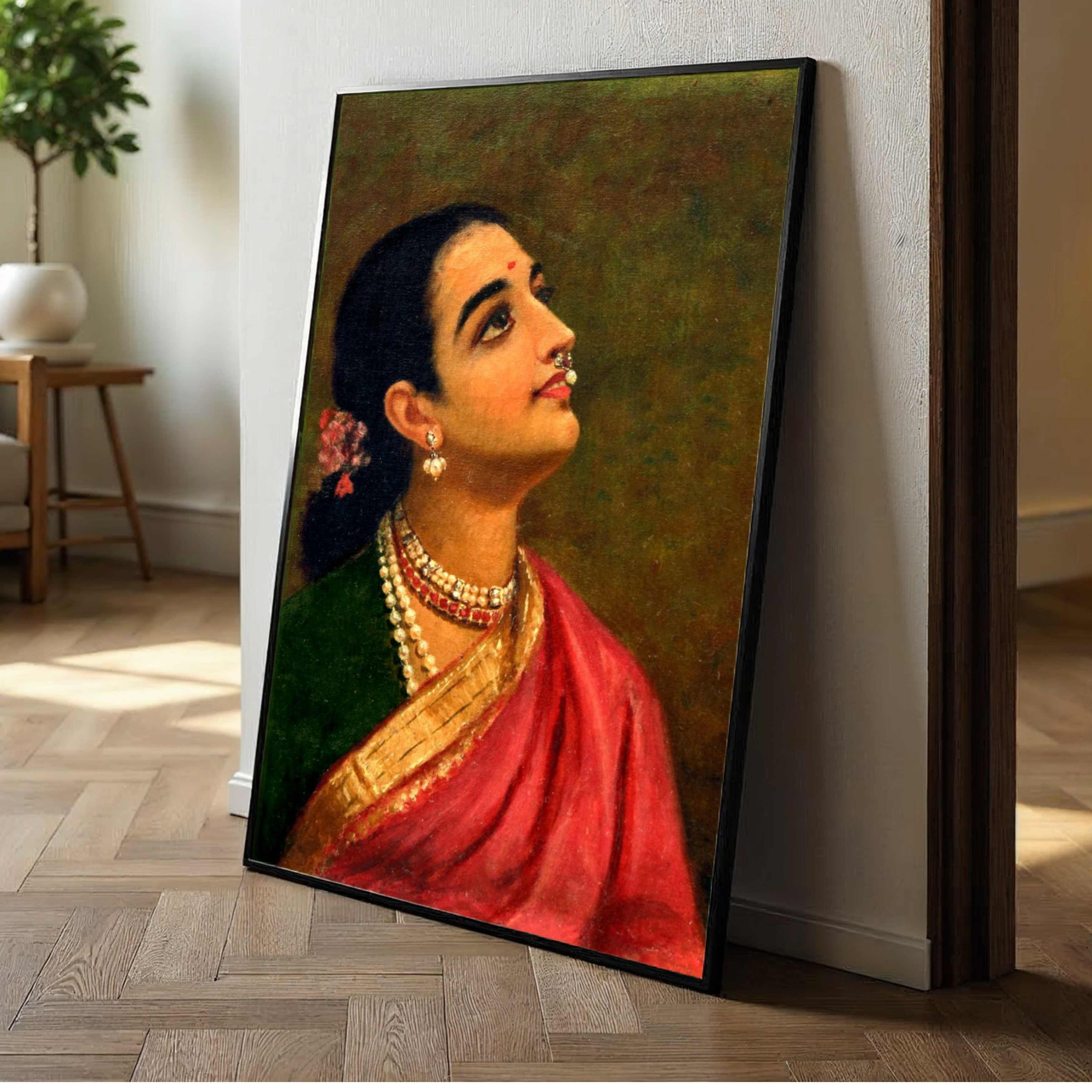 Raja Ravi Varma Indian Woman Portrait Painting for Living Room | Framed Wall Art Print 3 : 4 Vertical Premium Wall Art Canvas by MeriDeewar
