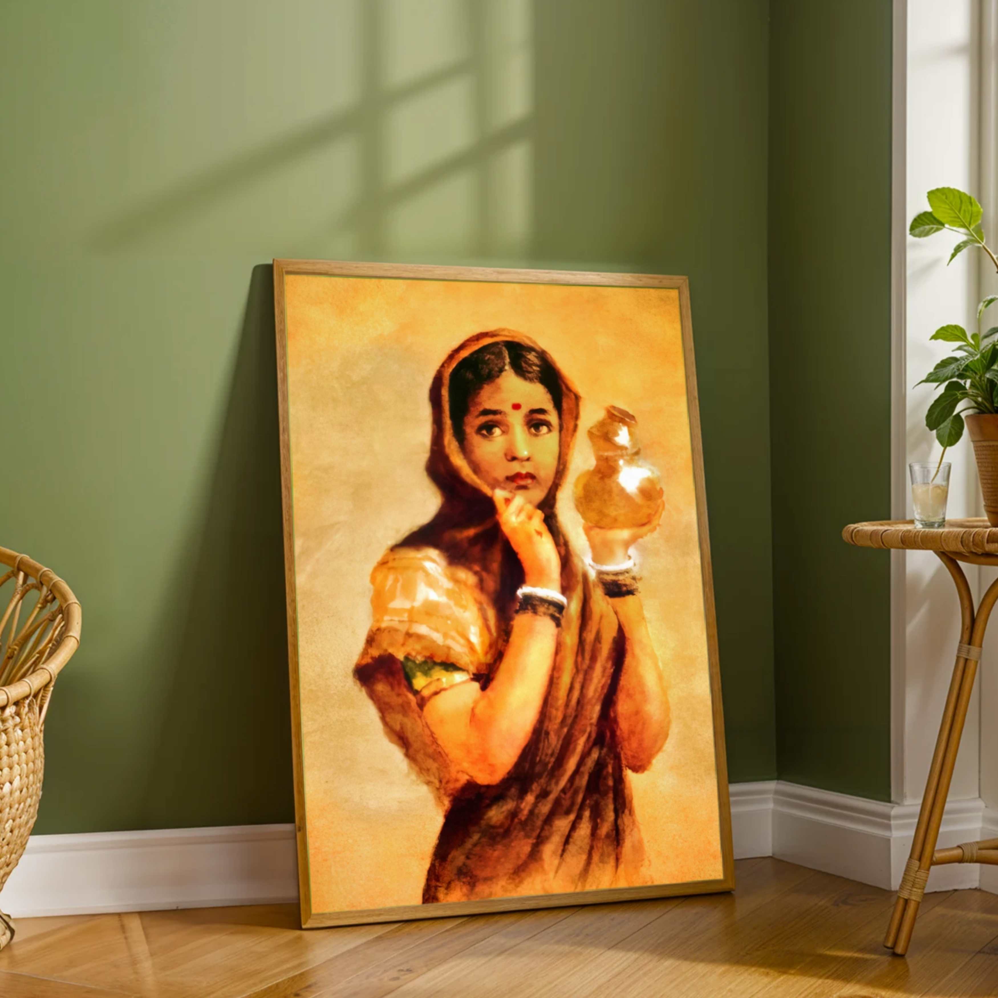 Raja Ravi Varma Milkmaid Painting for Living Room | Indian Classic Wall Art Print 2 : 3 Vertical Premium Wall Art Canvas by MeriDeewar