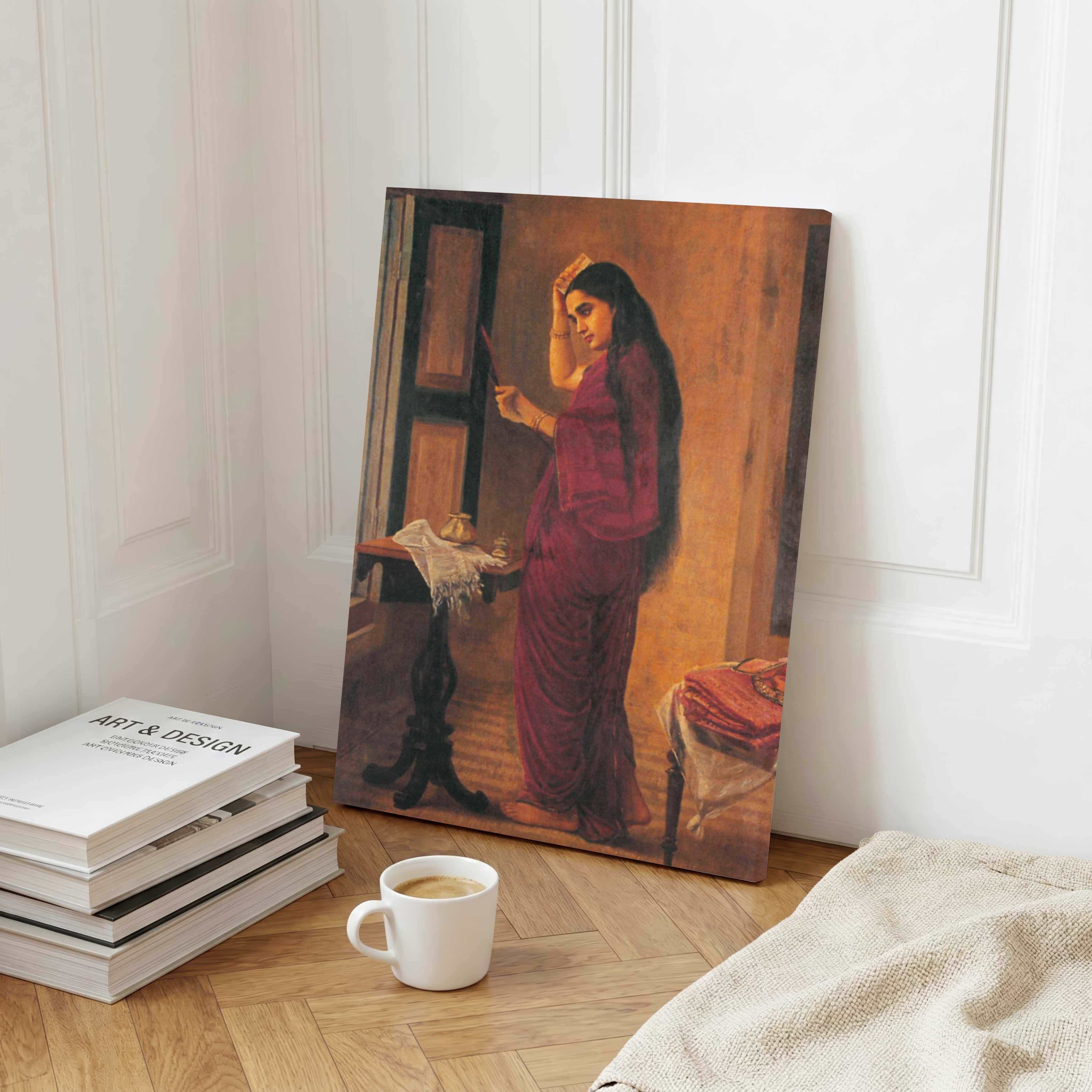 Raja Ravi Varma Nair Lady Painting for Living Room | Indian Traditional Woman Wall Art 2 : 3 Vertical Premium Wall Art Canvas by MeriDeewar