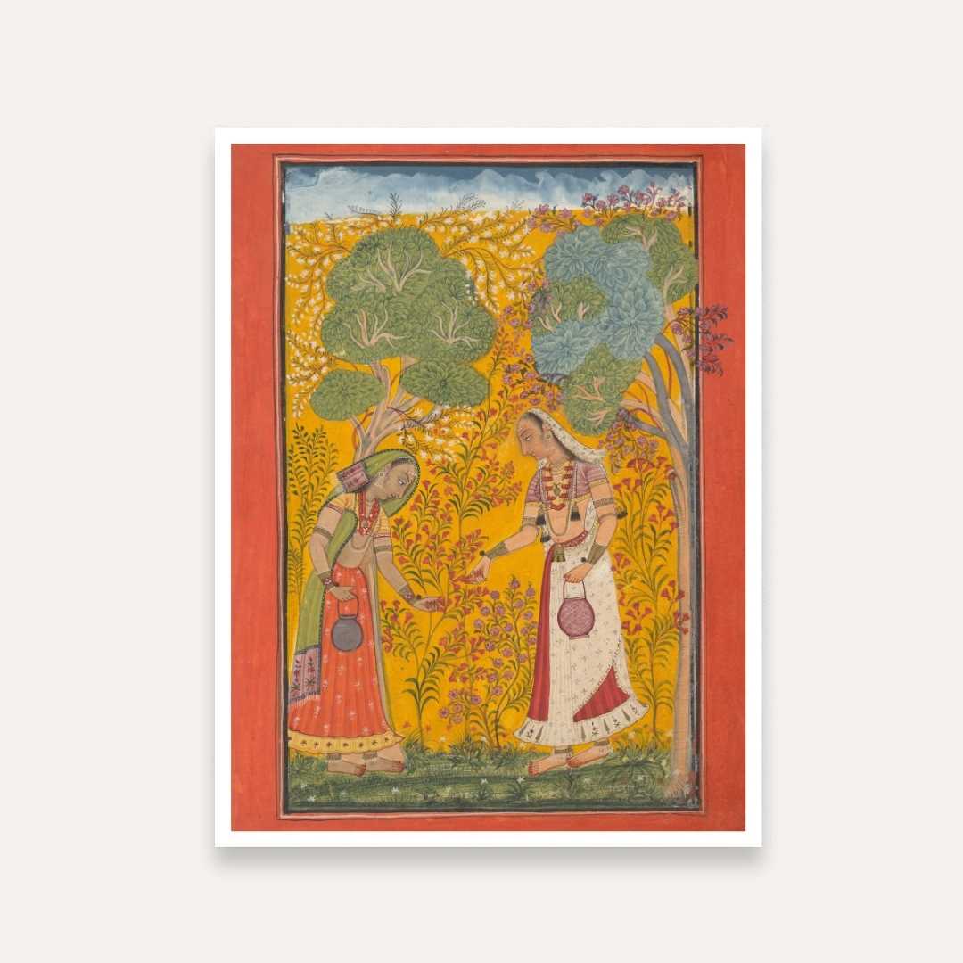 Rajasthani Miniature Painting for Living Room – Vasanti Ragini Spring Wall Art | Ragamala Series 3 : 4 Vertical Premium Wall Art Canvas by MeriDeewar