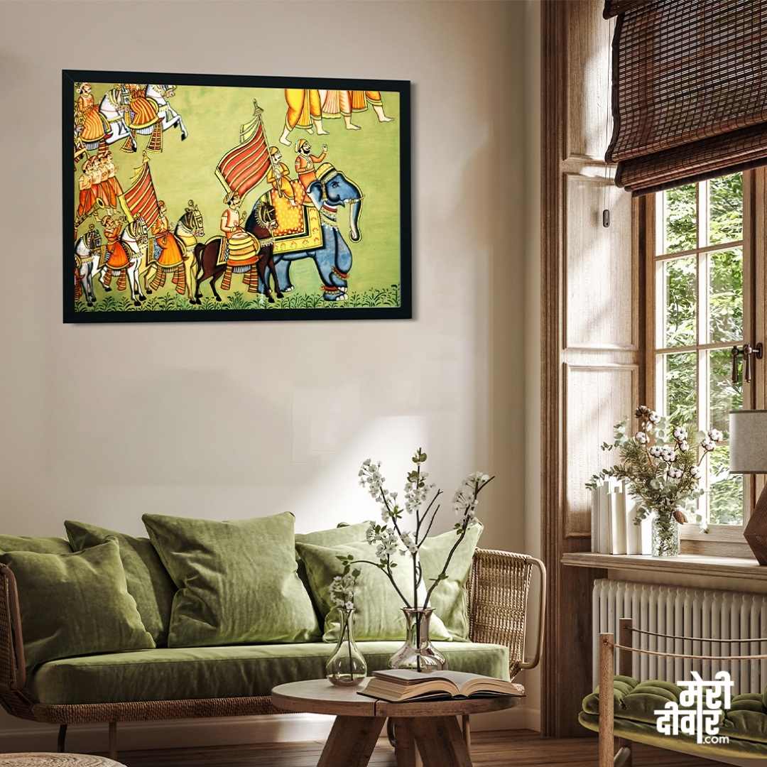Rajasthani Royal Procession Painting for Living Room | Traditional Folk Art Wall Decor India 3 : 2 Horizontal Premium Wall Art Canvas by MeriDeewar