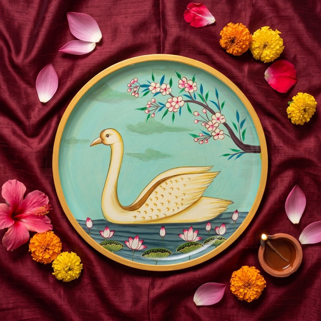 Rajhamsa | Hand-Painted Sacred Swan & Lotus Wall Art Curate Premium Wall Art Canvas by MeriDeewar