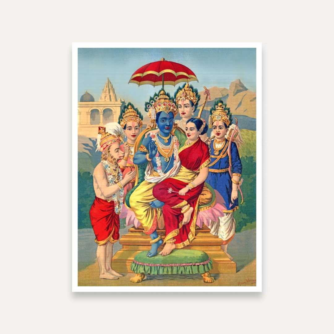Ram Sita Laxman Hanuman Painting for Pooja Room | Raja Ravi Varma Wall Art | MeriDeewar 3 : 4 Vertical Premium Wall Art Canvas by MeriDeewar