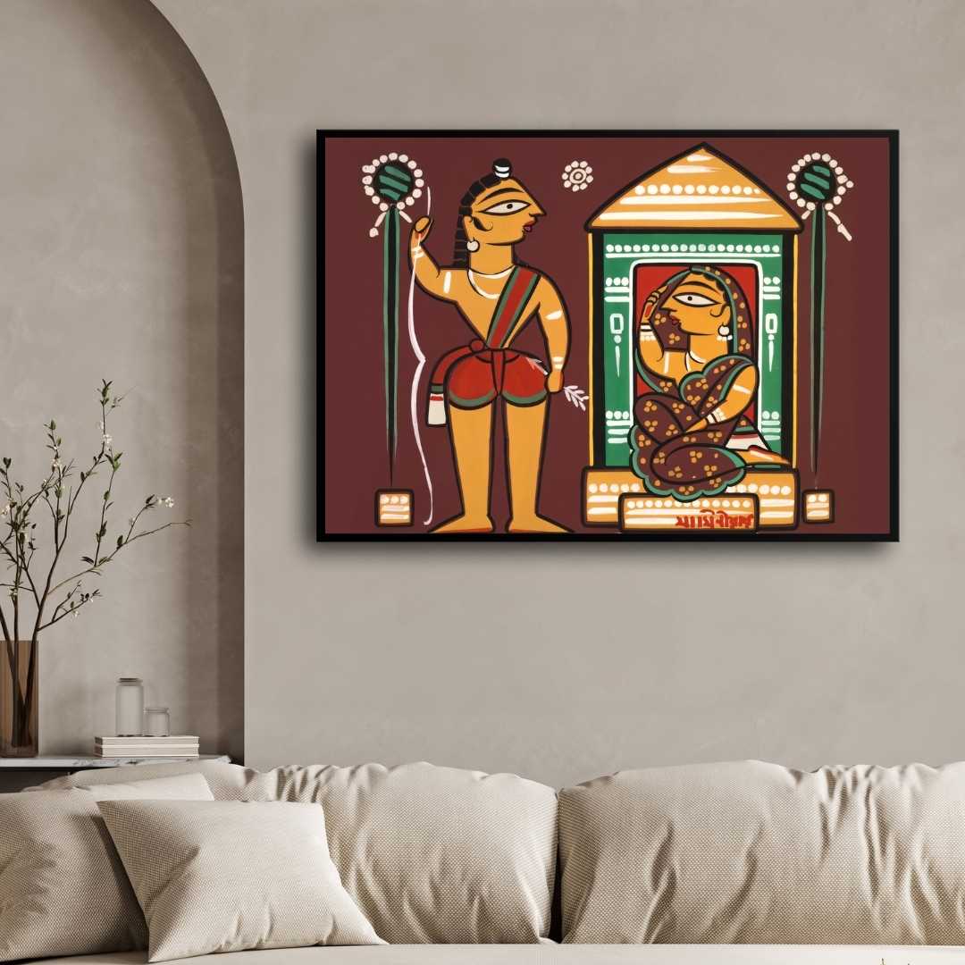 Ram Sita Painting for Living Room – Jamini Roy Style Devotional Wall Art | MeriDeewar 3 : 2 Horizontal Premium Wall Art Canvas by MeriDeewar