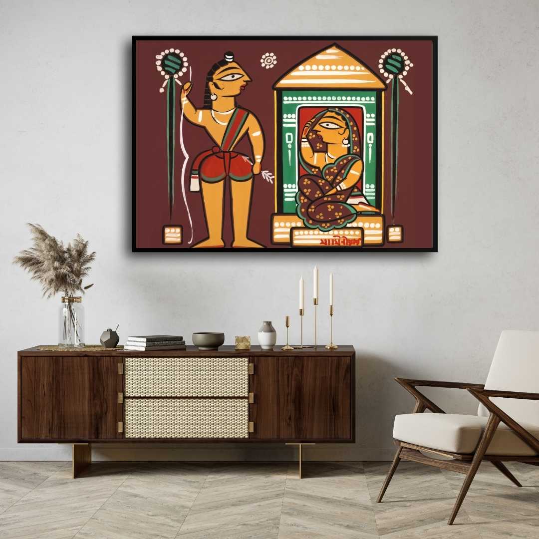 Ram Sita Painting for Living Room – Jamini Roy Style Devotional Wall Art | MeriDeewar 3 : 2 Horizontal Premium Wall Art Canvas by MeriDeewar