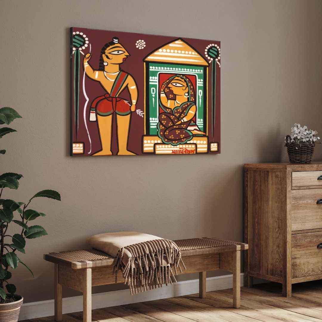 Ram Sita Painting for Living Room – Jamini Roy Style Devotional Wall Art | MeriDeewar 3 : 2 Horizontal Premium Wall Art Canvas by MeriDeewar