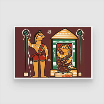 Ram Sita Painting for Living Room – Jamini Roy Style Devotional Wall Art | MeriDeewar 3 : 2 Horizontal Premium Wall Art Canvas by MeriDeewar