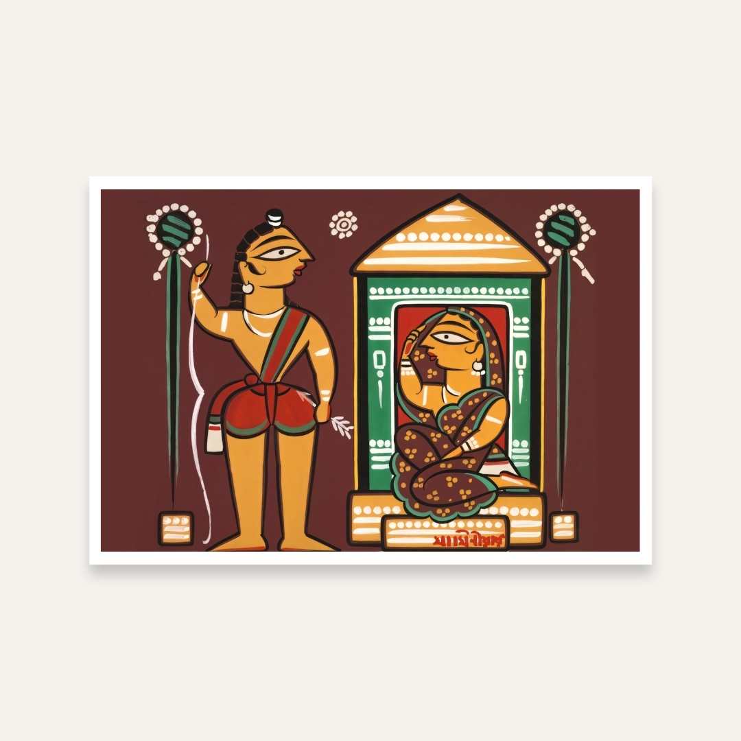 Ram Sita Painting for Living Room – Jamini Roy Style Devotional Wall Art | MeriDeewar 3 : 2 Horizontal Premium Wall Art Canvas by MeriDeewar