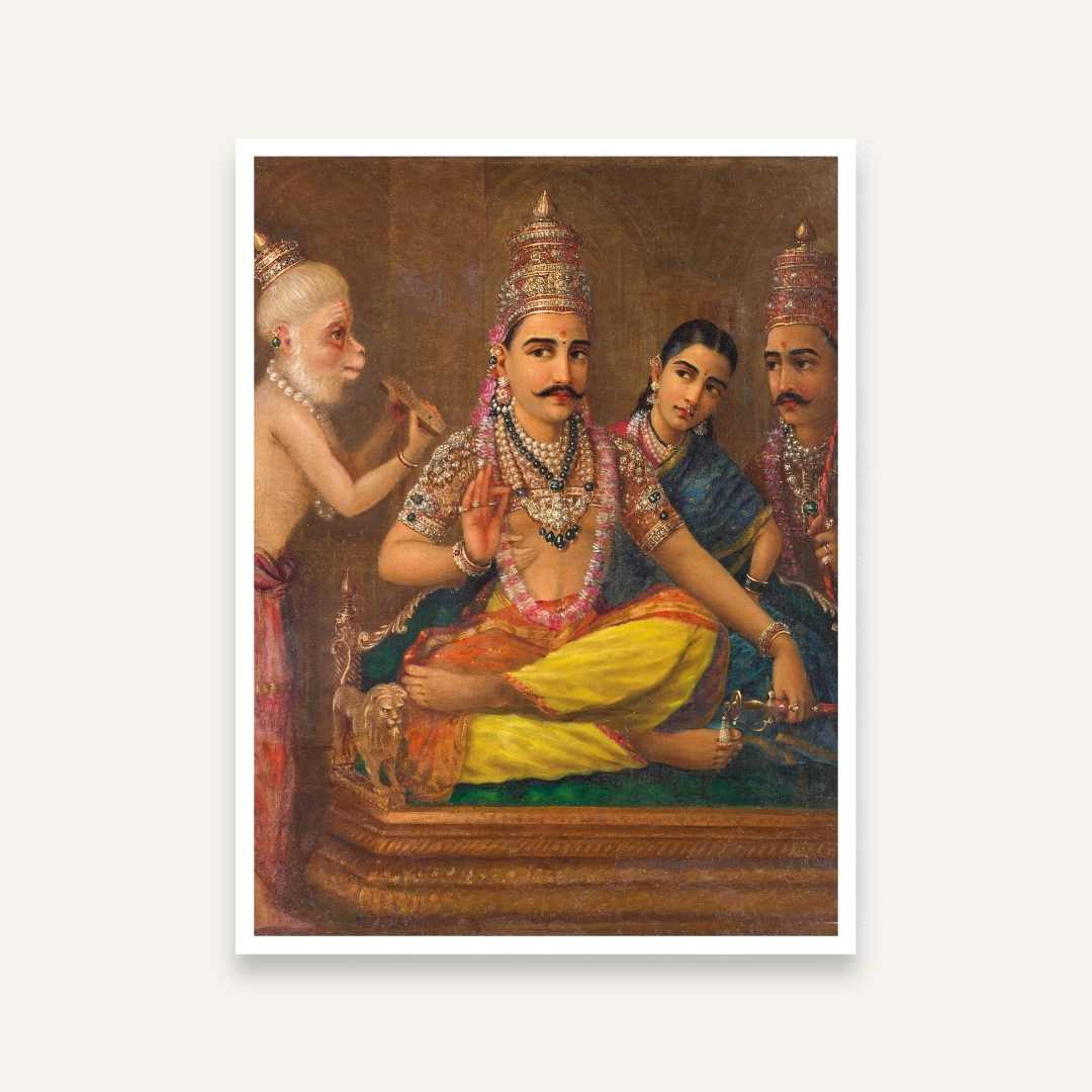 Hanuman’s Discourse Painting – Raja Ravi Varma Ramayan Wall Art | MeriDeewar 4 :5 Vertical Premium Wall Art Canvas by MeriDeewar