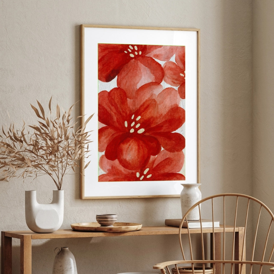 Red Floral Painting for Living Room | Bold Watercolor Flowers Wall Art | Giclée Print 2 : 3 Vertical Premium Wall Art Canvas by MeriDeewar