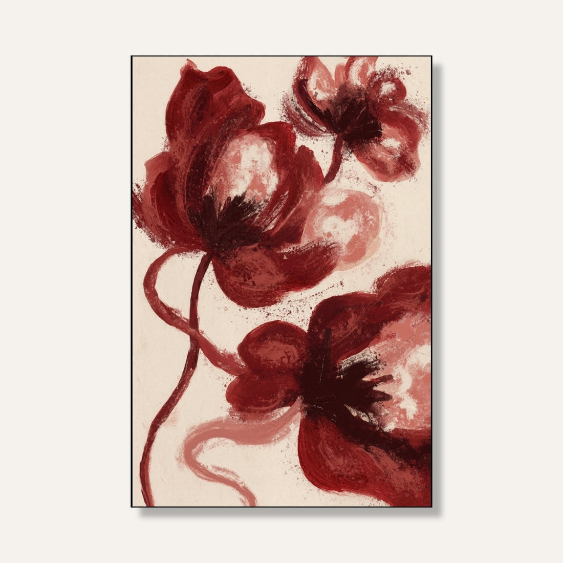 Red Floral Painting for Living Room | Maroon Poppy Wall Art | Giclée Fine Art Print 2 : 3 Vertical Premium Wall Art Canvas by MeriDeewar