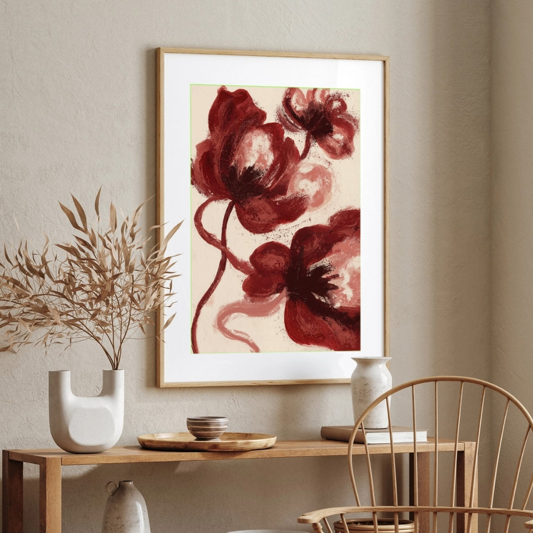 Red Floral Painting for Living Room | Maroon Poppy Wall Art | Giclée Fine Art Print 2 : 3 Vertical Premium Wall Art Canvas by MeriDeewar