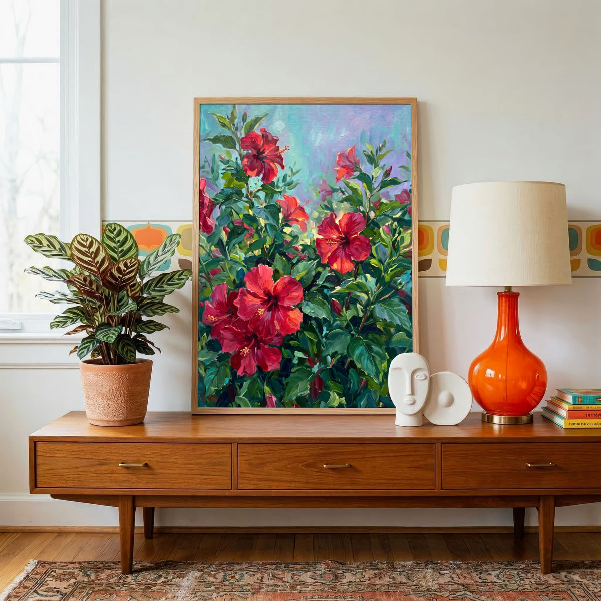 "Red Hibiscus in Bloom" Giclée Print | Indian Wall Art Print 3 : 4 Vertical Premium Wall Art Canvas by MeriDeewar