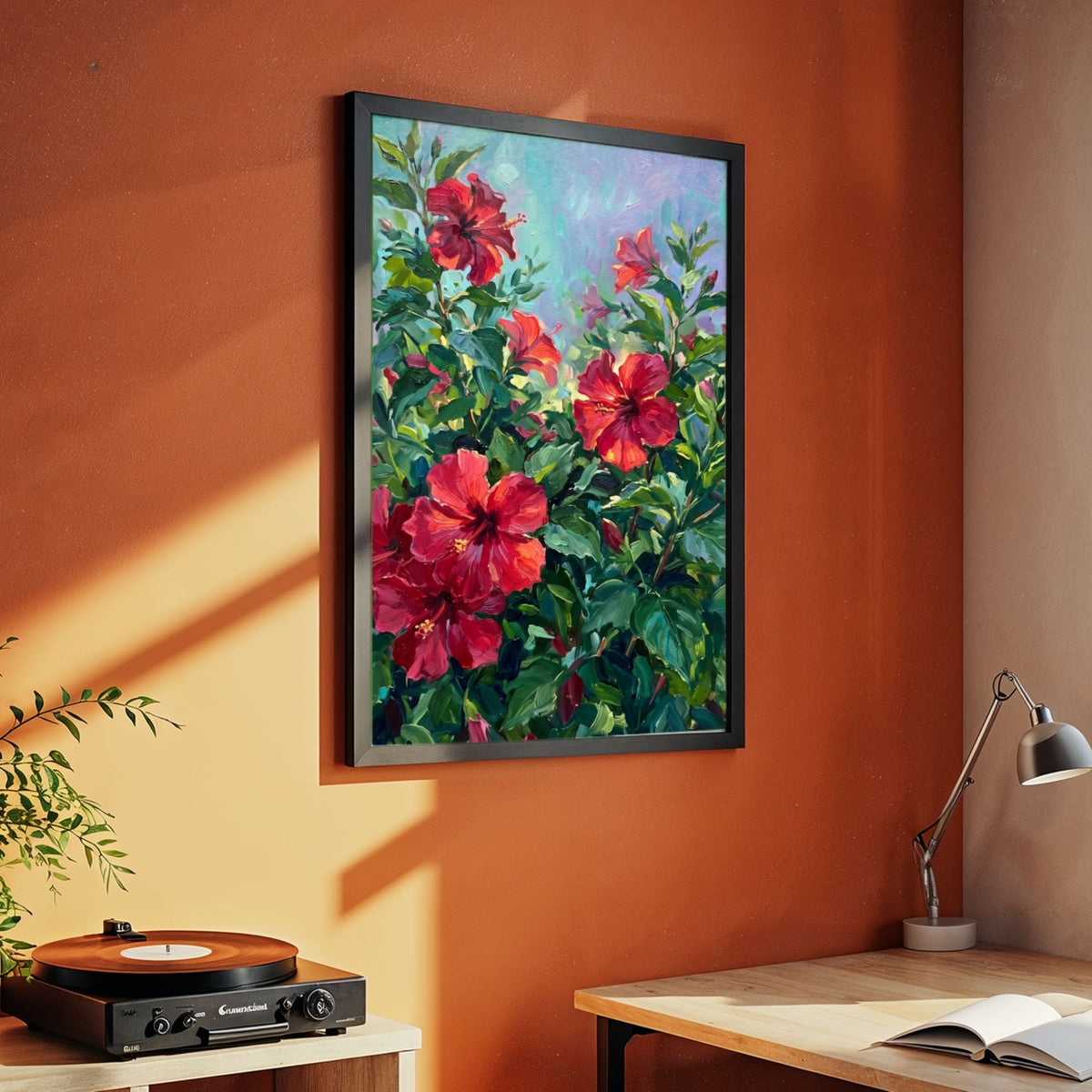 "Red Hibiscus in Bloom" Giclée Print | Indian Wall Art Print 3 : 4 Vertical Premium Wall Art Canvas by MeriDeewar