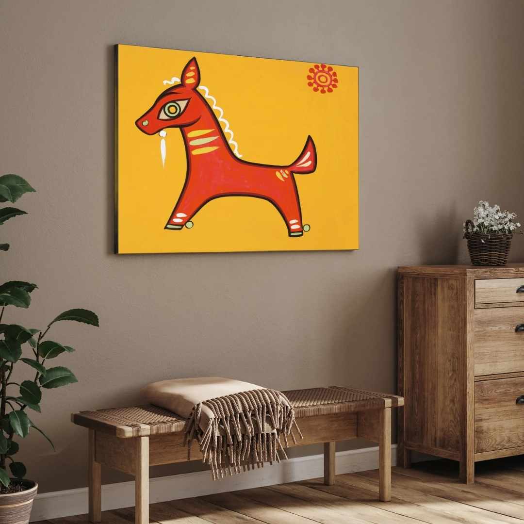 "Red Horse" Jamini Roy Painting | Fine Art Wall Art 3 : 2 Horizontal Premium Wall Art Canvas by MeriDeewar