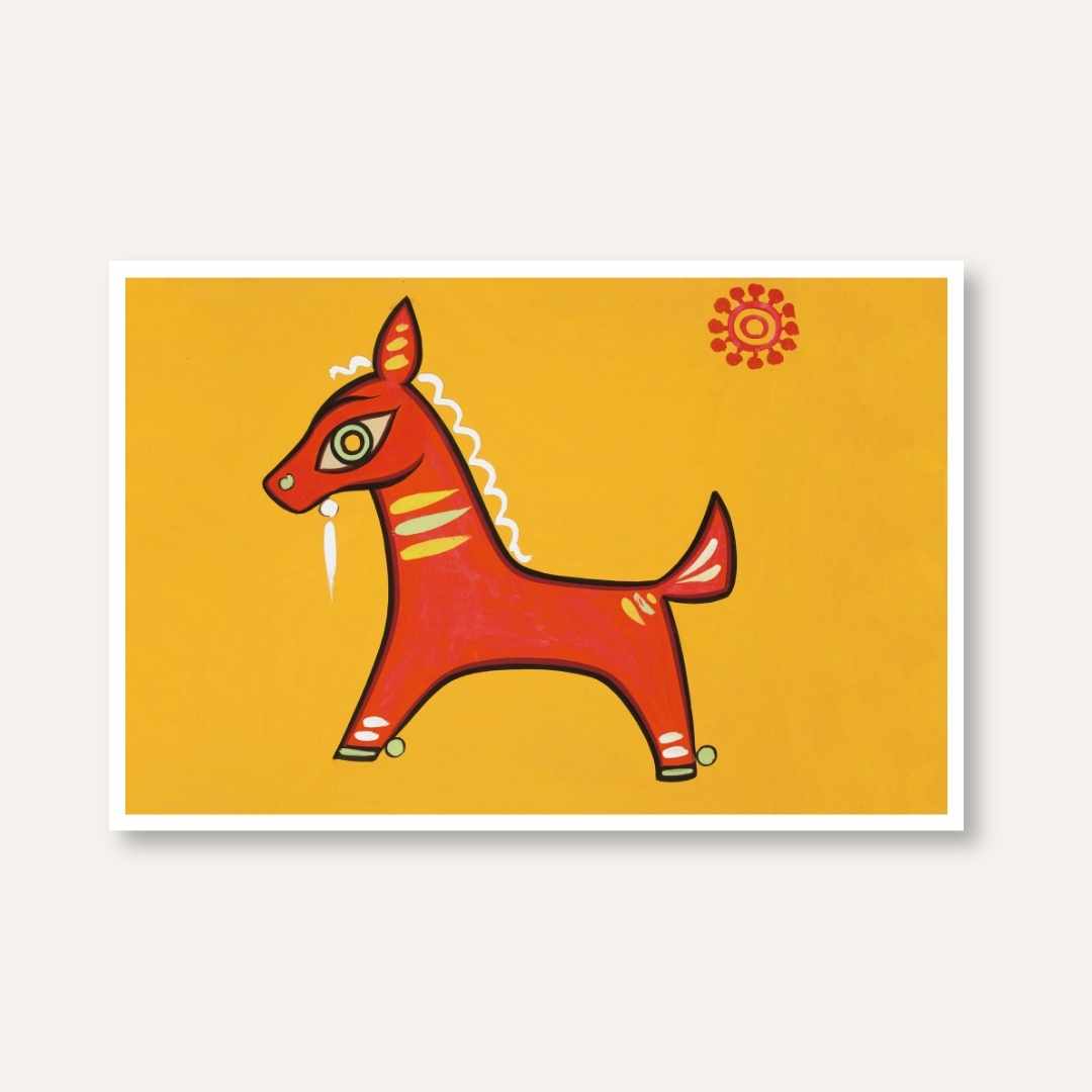 "Red Horse" Jamini Roy Painting | Fine Art Wall Art 3 : 2 Horizontal Premium Wall Art Canvas by MeriDeewar