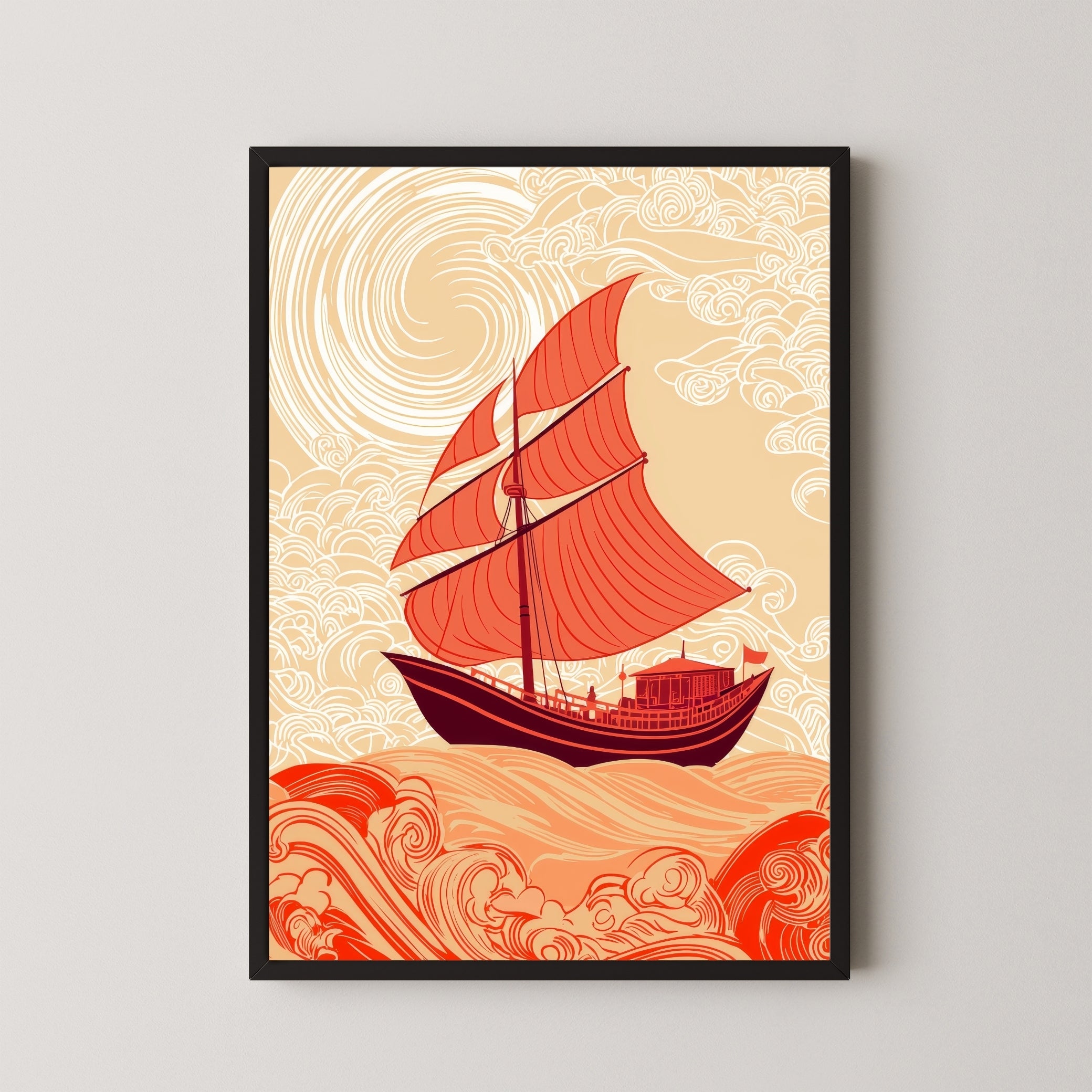 Red Sailboat on Wavy Sea Painting | Dramatic Ocean Canvas Wall Art 2 : 3 Vertical Premium Wall Art Canvas by MeriDeewar