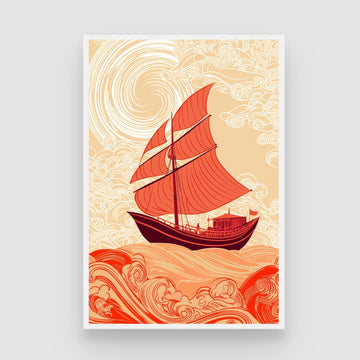 Red Sailboat on Wavy Sea Painting | Dramatic Ocean Canvas Wall Art 2 : 3 Vertical Premium Wall Art Canvas by MeriDeewar
