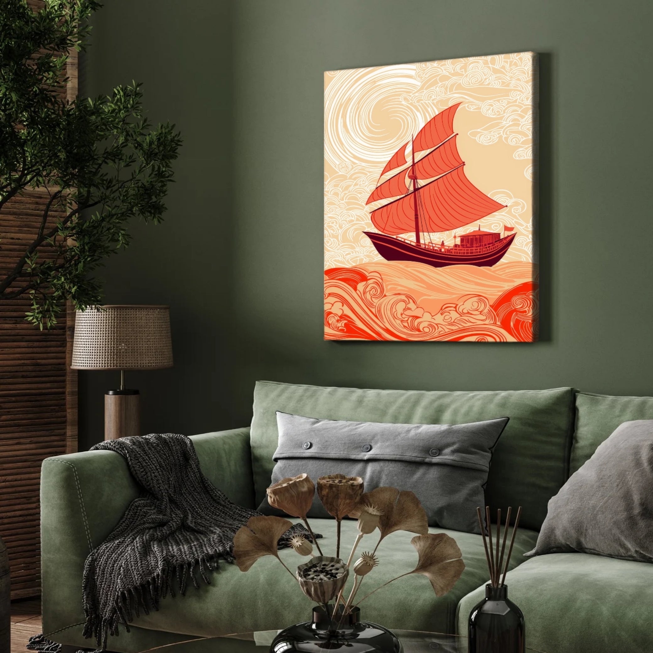 Red Sailboat on Wavy Sea Painting | Dramatic Ocean Canvas Wall Art 2 : 3 Vertical Premium Wall Art Canvas by MeriDeewar