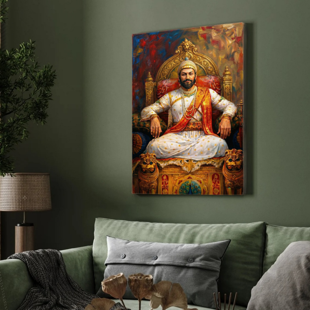 Regal Chhatrapati Shivaji Maharaj Throne Portrait | Edge-to-Edge Impasto Oil Painting Print 2 : 3 Vertical Premium Wall Art Canvas by MeriDeewar