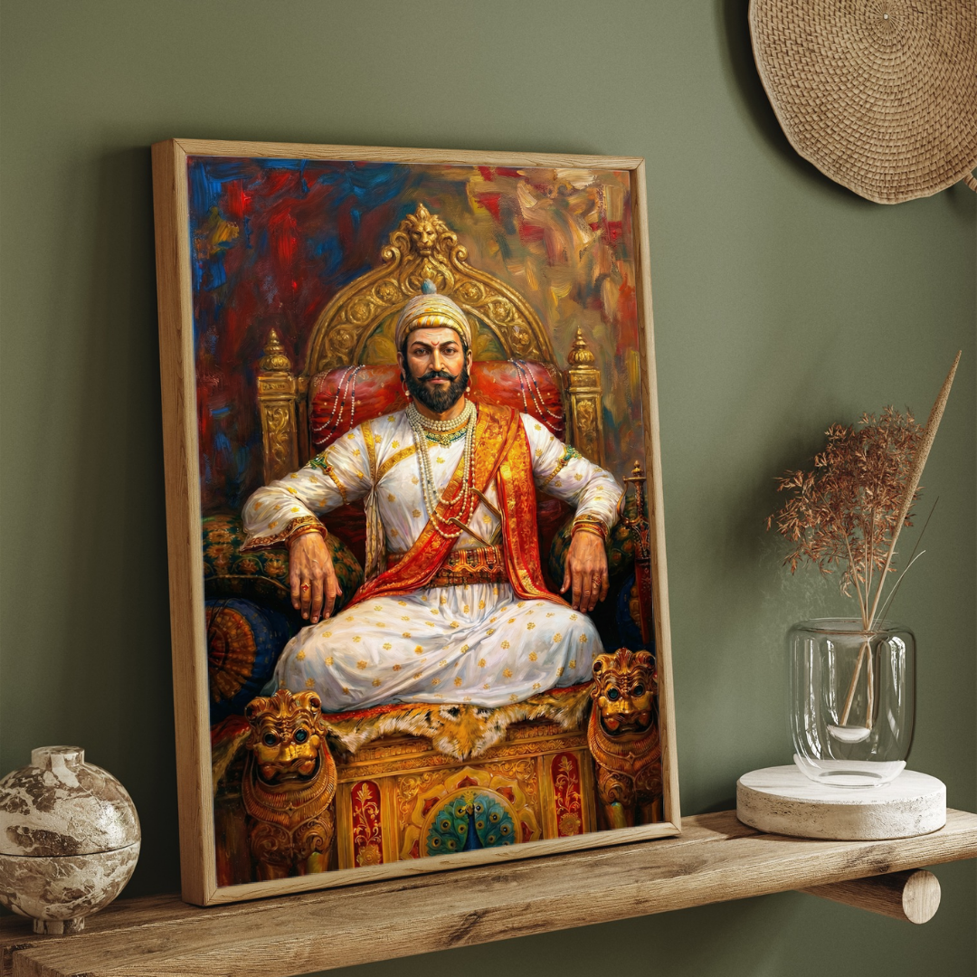 Regal Chhatrapati Shivaji Maharaj Throne Portrait | Edge-to-Edge Impasto Oil Painting Print 2 : 3 Vertical Premium Wall Art Canvas by MeriDeewar
