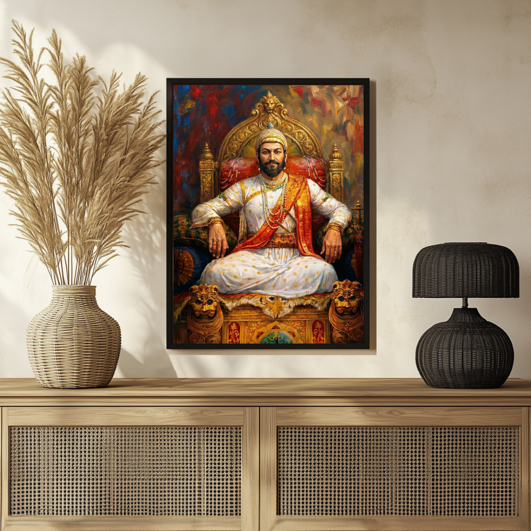 Regal Chhatrapati Shivaji Maharaj Throne Portrait | Edge-to-Edge Impasto Oil Painting Print 2 : 3 Vertical Premium Wall Art Canvas by MeriDeewar