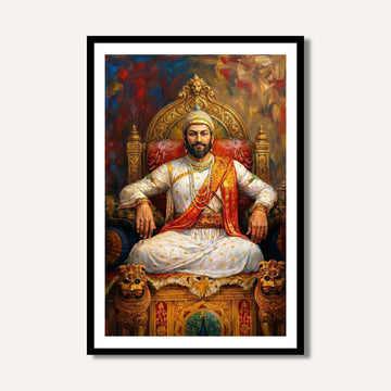 Regal Chhatrapati Shivaji Maharaj Throne Portrait | Edge-to-Edge Impasto Oil Painting Print 2 : 3 Vertical Premium Wall Art Canvas by MeriDeewar